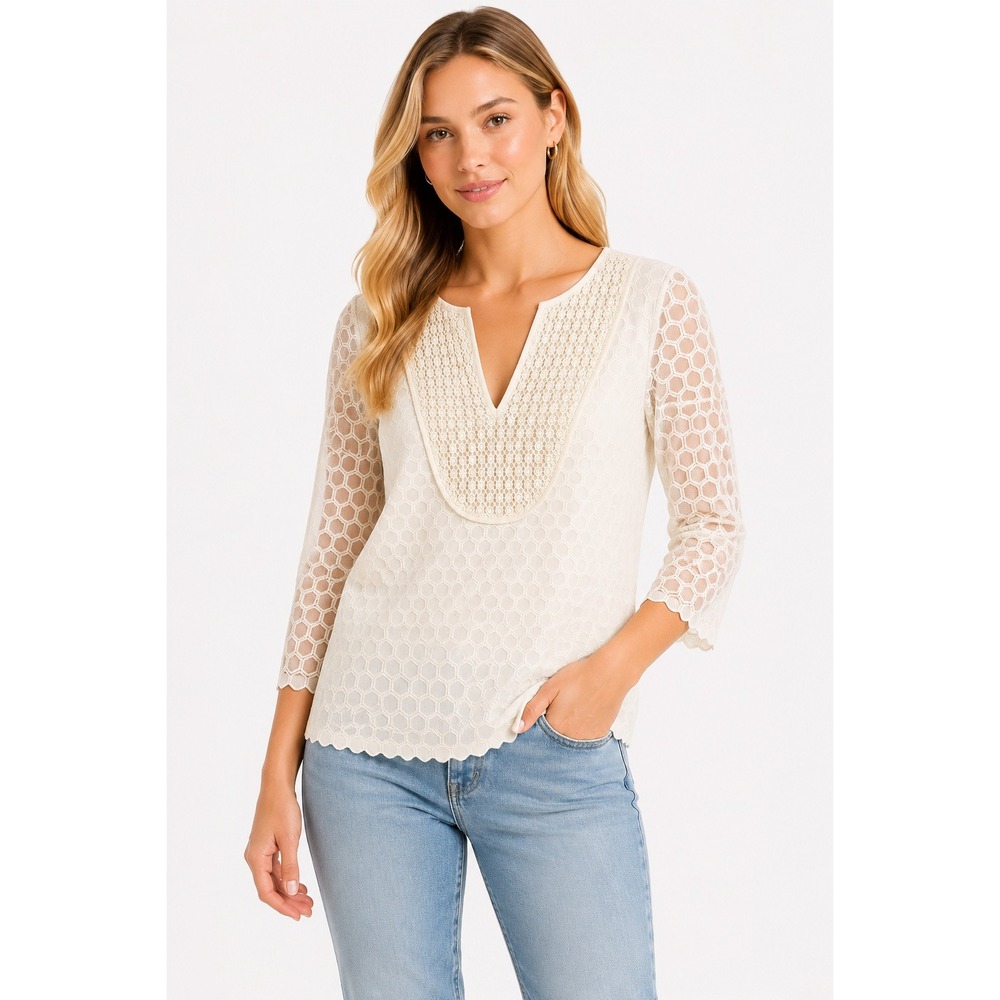 Tory Burch Top XS Cream Boho V-Neck Sheer Sleeve‎ Blouse 3/4 Lightweight